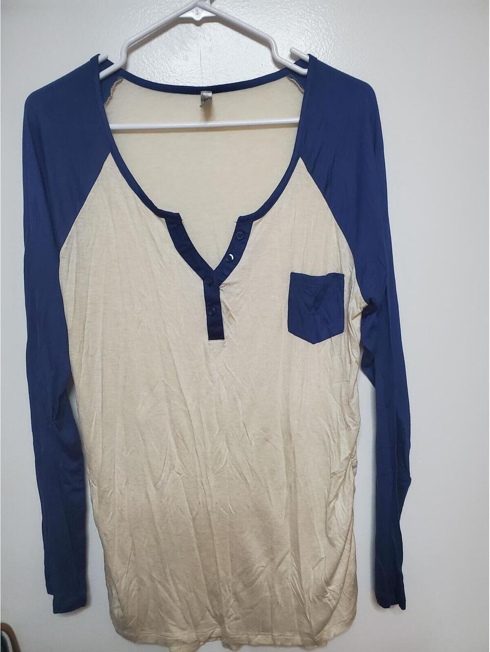 Glitz Women's Long Sleeve Henley Shirt Size 1X Blue and Cream